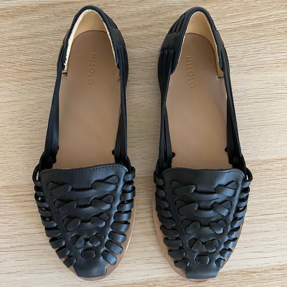 Nisolo Women’s Huarache Sandals Black Leather Size 7.5 Minimalist Flats - Picture 1 of 5